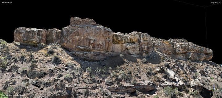 A 3D photogrammetry model of a masonry tower on a sandstone cliff, rendered on black
